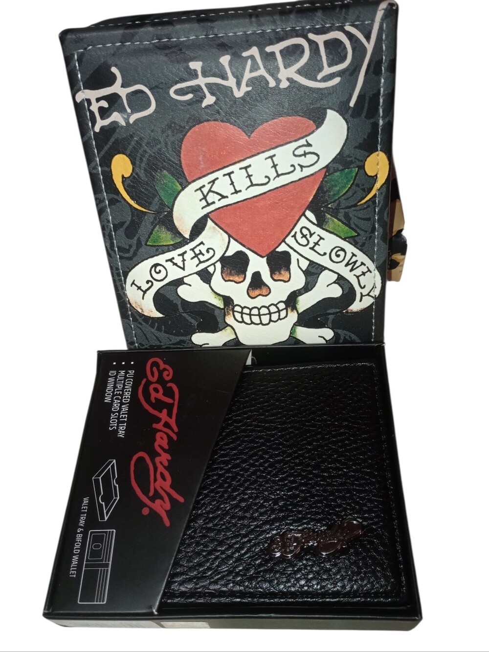 Ed Hardy Black Leather Wallet with Heart & Skull Graphic Gift Case, NWT